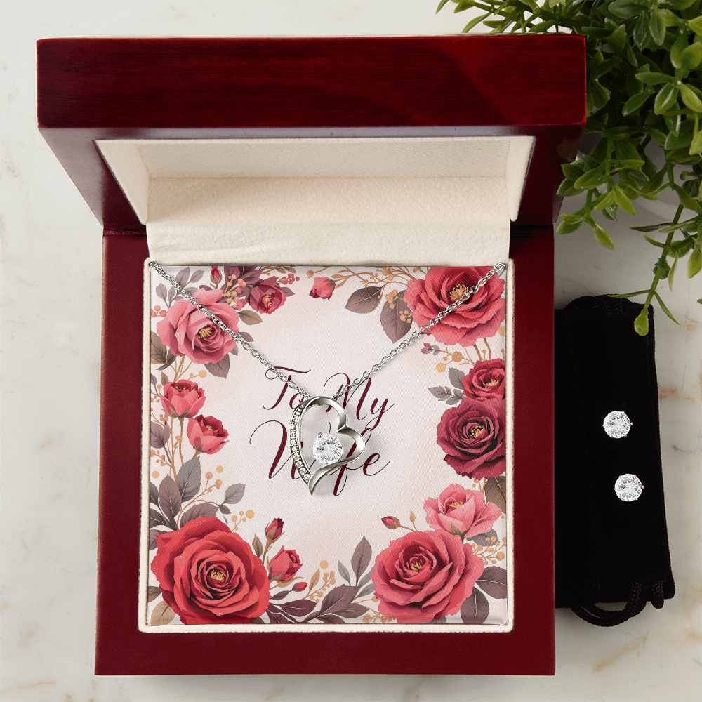 To My Wife Necklace & Earring Set - Crimson Rose